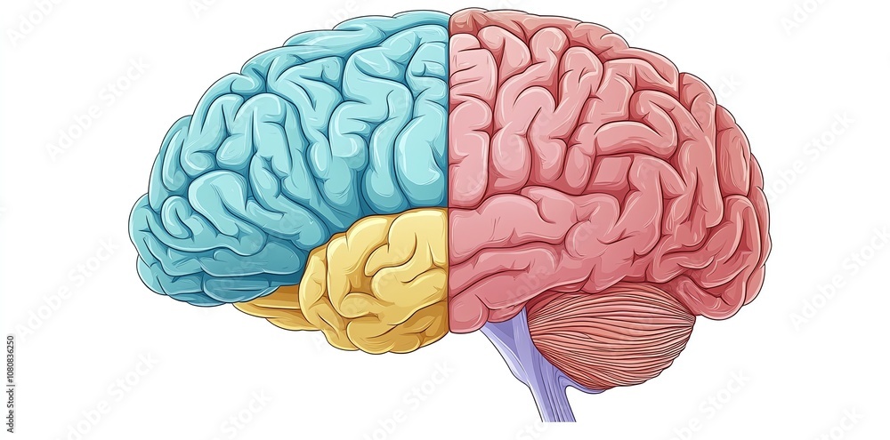 Poster a colorful illustration of the human brain with different colors for each section.