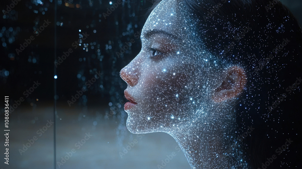 Poster woman’s profile illuminated by cosmic starry pattern, creating mesmerizing visual effect. ethereal g
