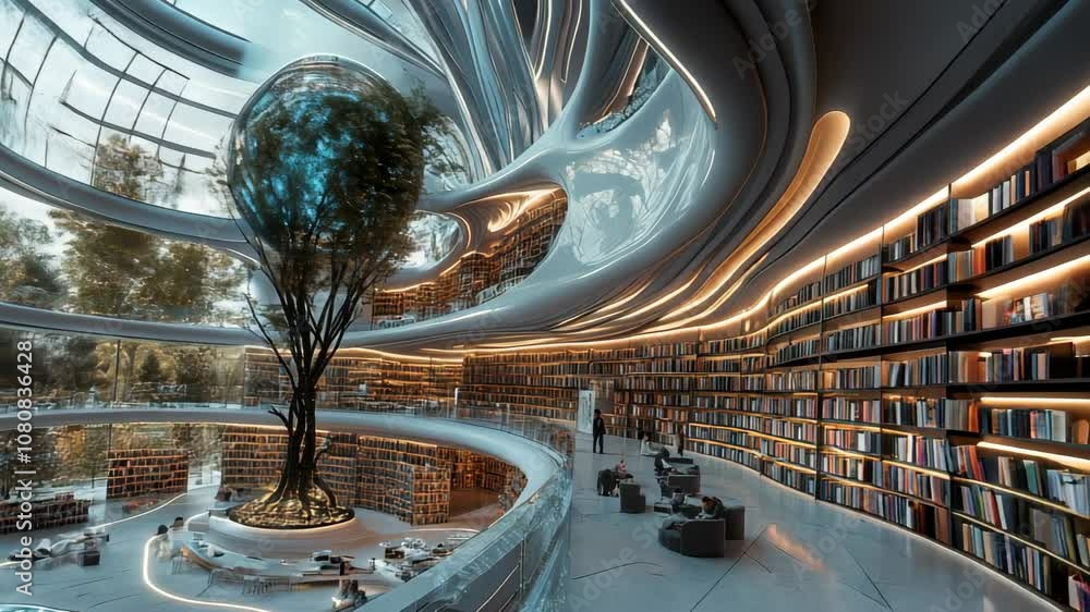 Poster camera panning around a tree growing inside a modern library with a futuristic design. architects ar