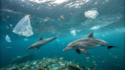Fototapeta premium Dolphins navigate through a sea filled with floating plastic waste