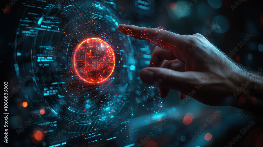 Poster futuristic interface showcasing ai technology with glowing orb. hand interacts with digital display,