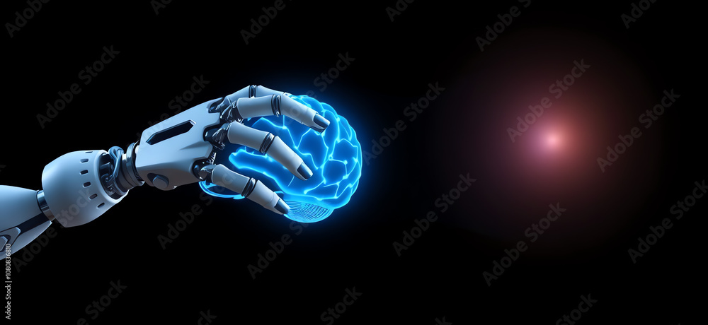 Aufkleber robotic hand reaches out to interact with a glowing digital brain in a dark environment, symbolizing