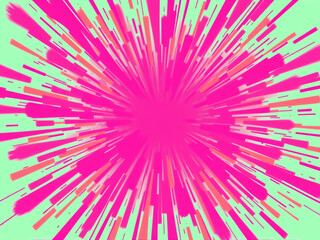 Vibrant abstract explosion design with pink streaks radiating from a central point on a green background