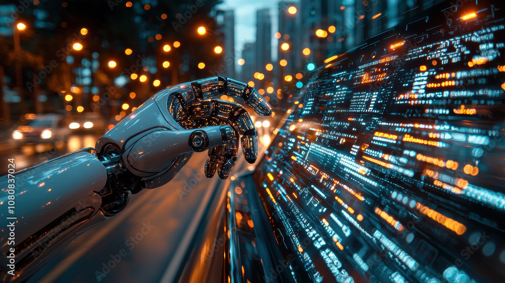 Poster robotic hand interacts with futuristic interface, showcasing technology and innovation in vibrant ur