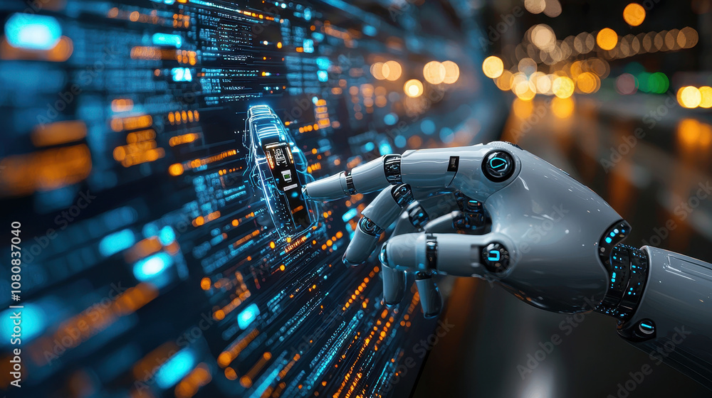 Poster robotic hand interacting with digital interface, showcasing technology and innovation. scene is illu