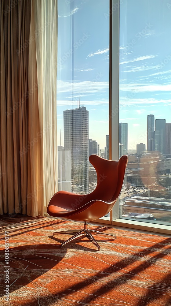Poster a comfortable red armchair sits near a large window with a view of a modern cityscape.
