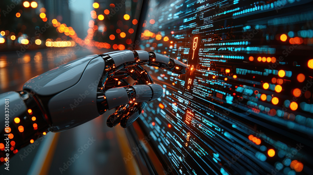 Poster robotic hand interacting with digital interface, showcasing advanced technology and futuristic desig