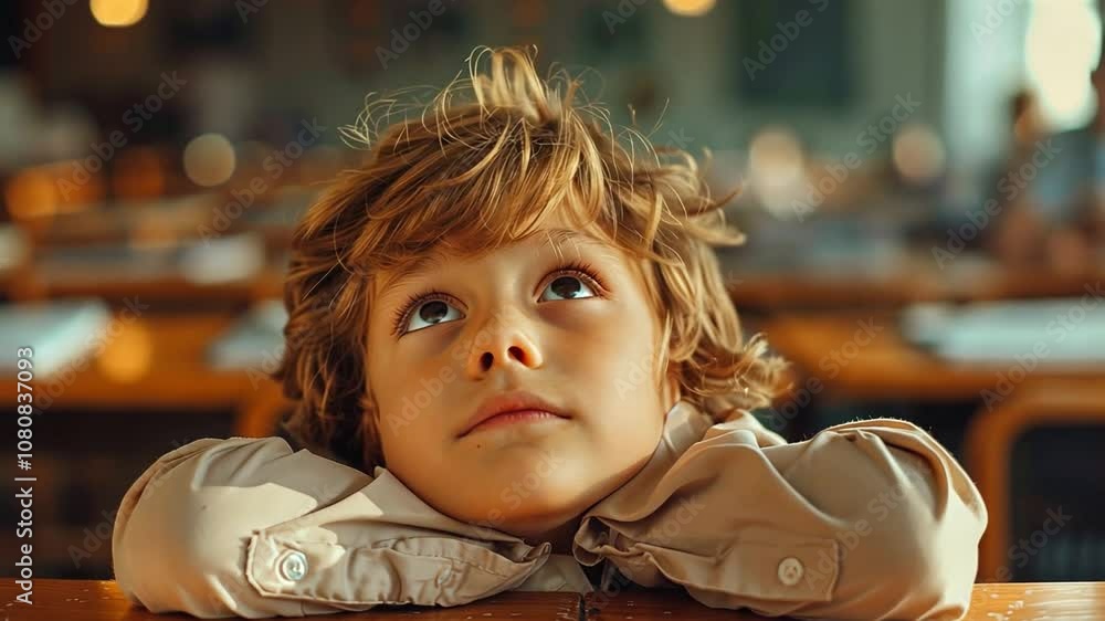 Poster a child sits at a classroom desk, resting their chin on their hands and gazing thoughtfully upward, 