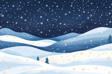 Fototapeta premium Snowy Night Landscape with Two Trees and Falling Snowflakes
