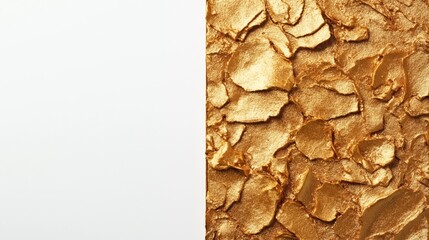 Abstract composition featuring a vertical division between smooth white space and a textured surface with irregular gold leaf fragments, showcasing a contrast between simplicity and opulence.