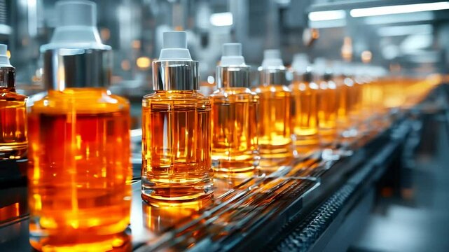 an automated production line manufacturing glossy luxury cosmetic packaging filled with amber liquid in a spotlessly clean and modern factory. generative AI Video