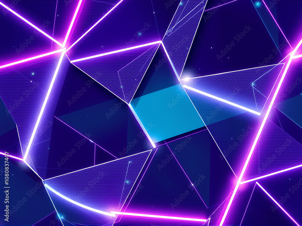 Poster abstract geometric patterns with vibrant purple and blue neon lights create a mesmerizing visual eff