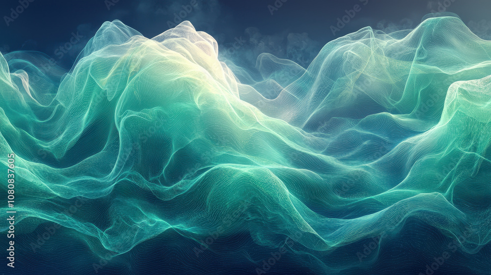 Poster abstract green and blue swirls create mesmerizing wave like pattern, evoking sense of tranquility an