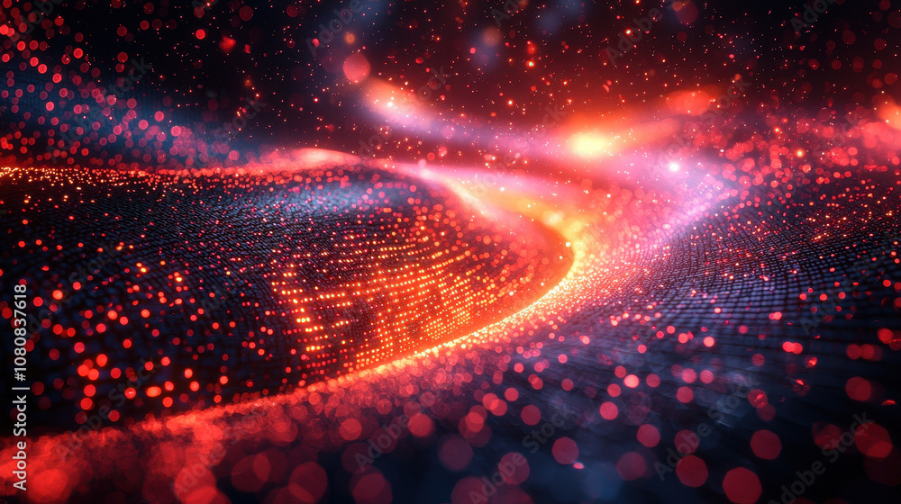 Poster abstract swirl of glowing particles creating vibrant digital landscape, showcasing mesmerizing flow 
