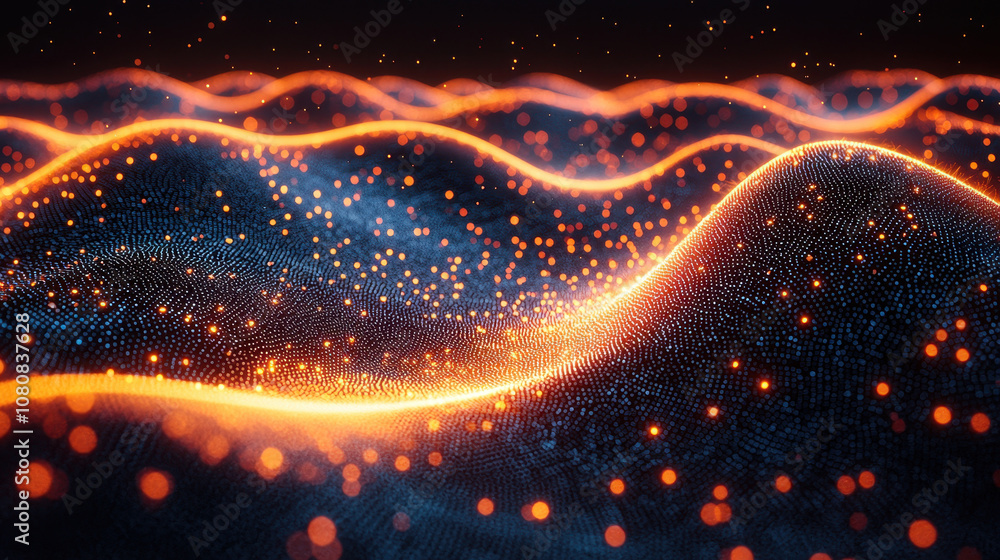Poster mesmerizing abstract swirl of data creates dynamic landscape of glowing waves. vibrant orange lights