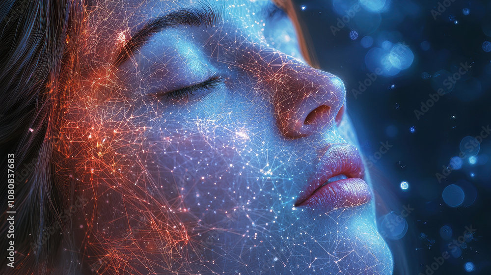 Aufkleber this features close up of woman face with digital overlay of interconnected lines and glowing partic