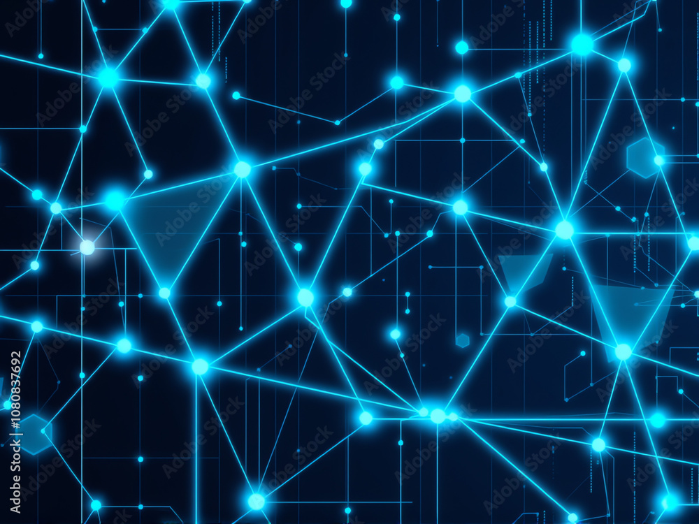 Poster abstract blue technology background showcasing interconnected nodes and geometric shapes within a di