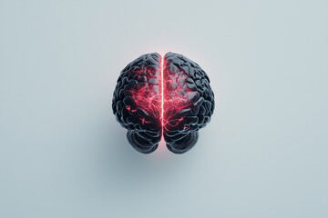 A brain with a red line through it, the brain is black and red. The red line is glowing, giving the impression of a fiery explosion. The brain is split in half