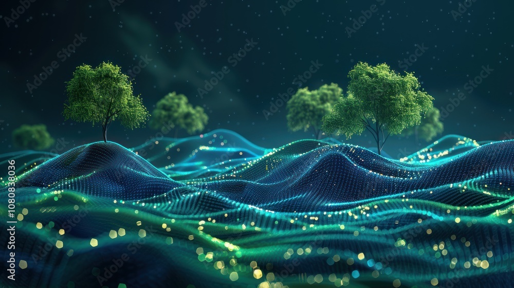 Poster abstract digital landscape with trees and glowing particles.
