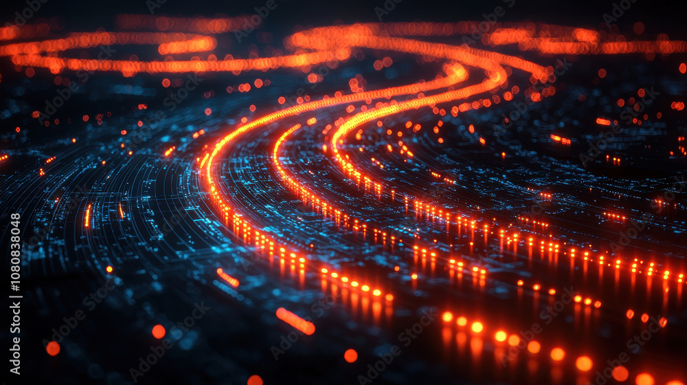 Poster vibrant digital grid with abstract geometric patterns, featuring glowing orange and blue lines that 