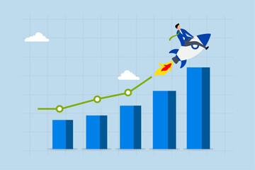 Business growth, businessman traveling on a rocket along growth chart 