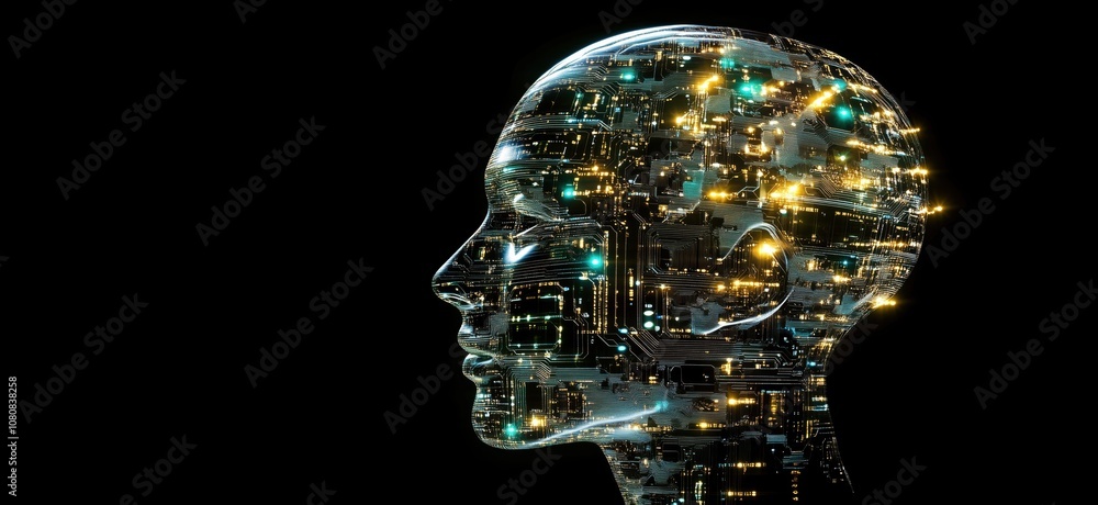 Poster digital human head silhouette with circuit patterns and lights, representing artificial intelligence