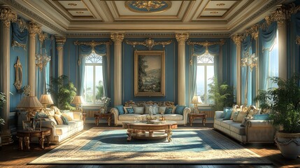 Obraz premium Luxurious and elegant living room with ornate decor and furniture.