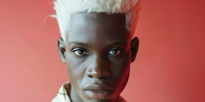 African American male fashion model with white hair posing on red background.