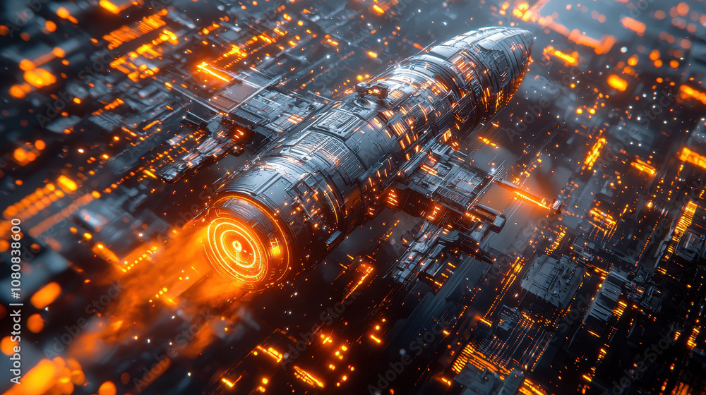 Aufkleber futuristic spaceship with ai controlled technology, surrounded by glowing orange lights and intricat