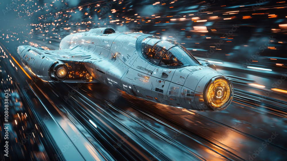 Poster futuristic spaceship with ai controlled technology, speeding through vibrant cosmic environment. sle