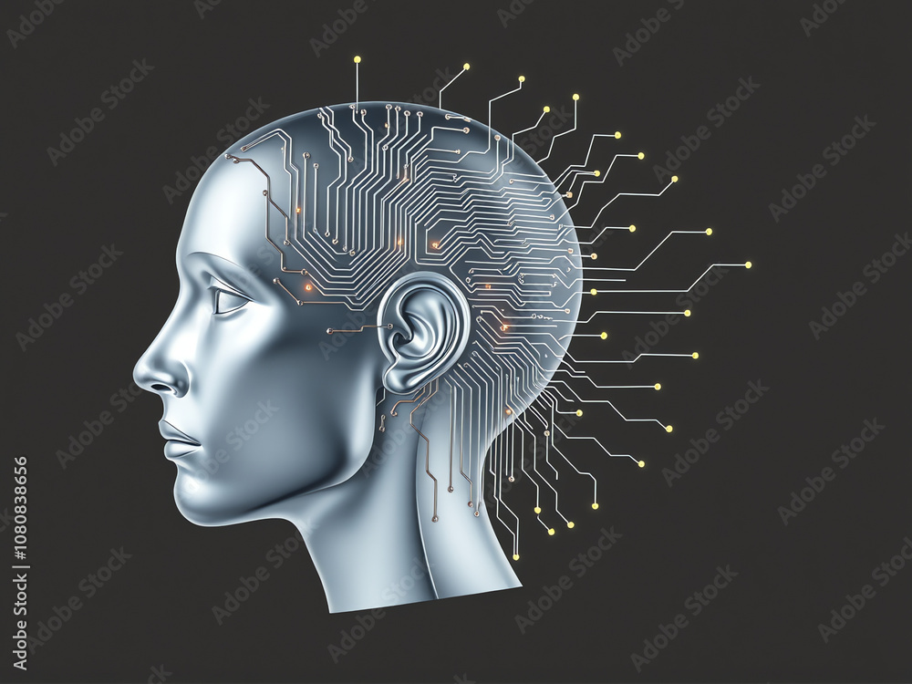 Poster futuristic representation of a humanoid head with circuit patterns symbolizing the fusion of technol