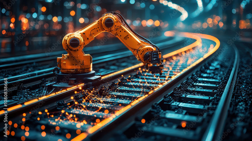 Poster robotic arm working on railway tracks, illuminating scene with sparks. advanced technology showcases
