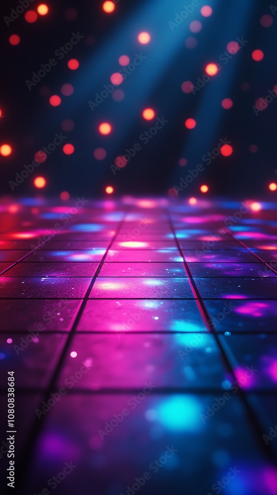 Poster a dark tiled floor illuminated by colorful spotlights.