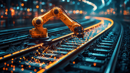 robotic arm working on railway tracks, illuminating scene with sparks. advanced technology showcases precision and innovation in industrial settings