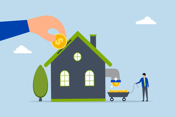 real estate investment, businessman hands over coin with cash in return. 