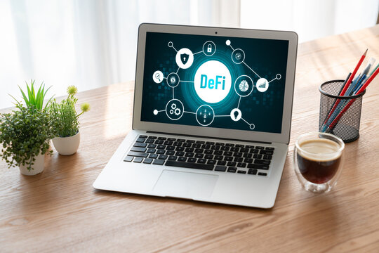 Decentralized finance or DeFi concept on modish computer screen . The defi system give new choice of investment and money saving .