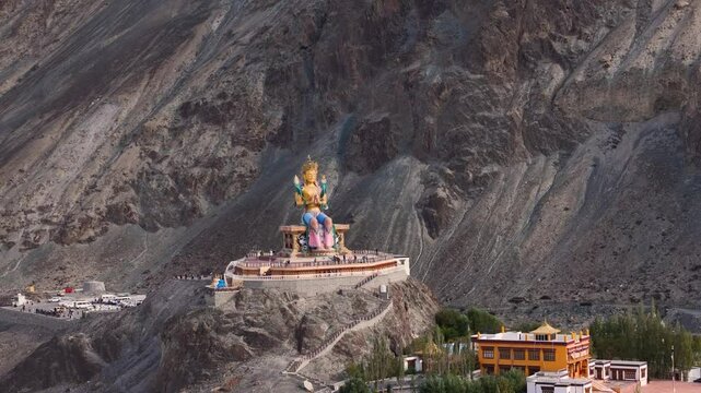 Aerial Drone shot of Diskit monastry buddha statue