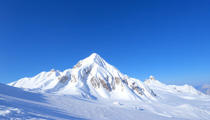 Snow-covered mountain peak against a clear blue sky during a sunny winter day in a remote alpine region