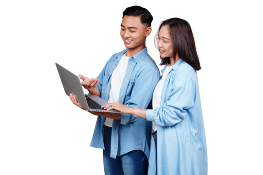 Asian man and woman with laptop isolated transparent