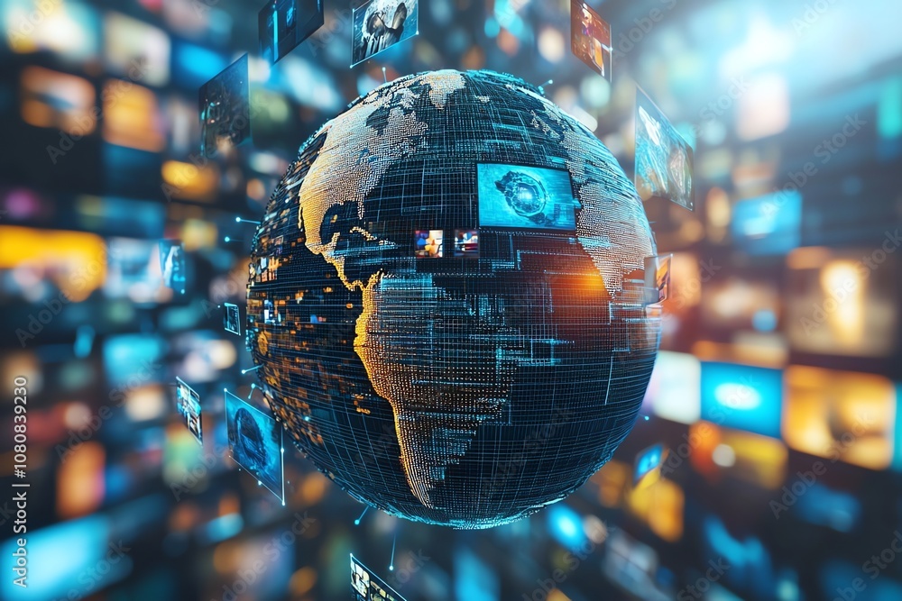 Poster A digital globe surrounded by screens representing global connectivity and information sharing.