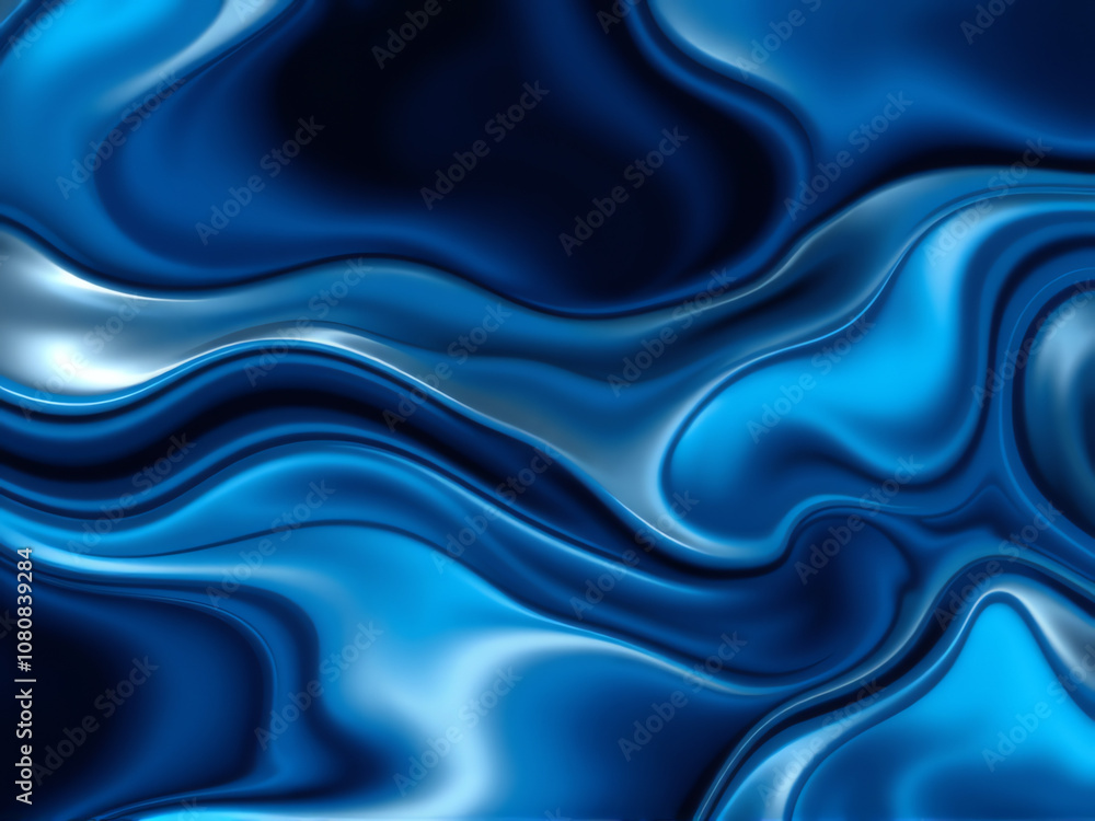 Poster flowing blue waves create a smooth, glossy texture against a dark backdrop, evoking calmness and flu