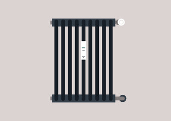 This black radiator exudes a modern aesthetic, positioned prominently against a muted pastel backdrop, emphasizing its functionality in heating homes and enhancing cozy atmospheres