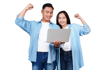 Asian man and woman with laptop isolated transparent
