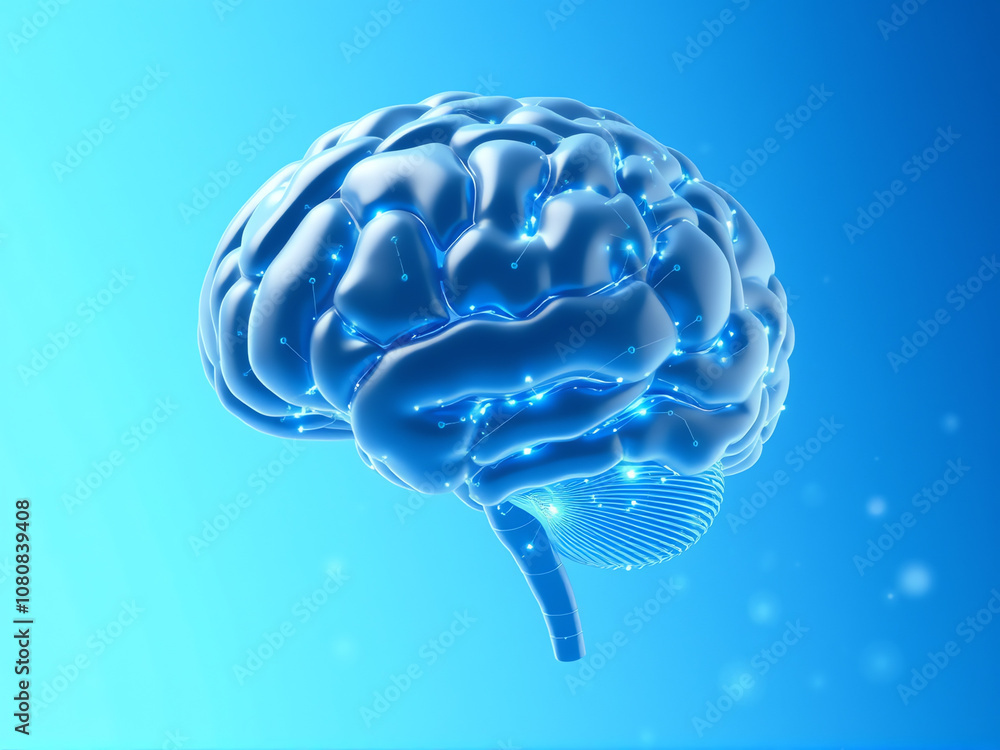 Poster bright blue digital brain illustration representing cognitive function and neural connections in a v