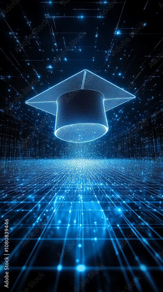 Poster a digital graduation cap hovers over a grid of glowing lines, representing online learning and the f