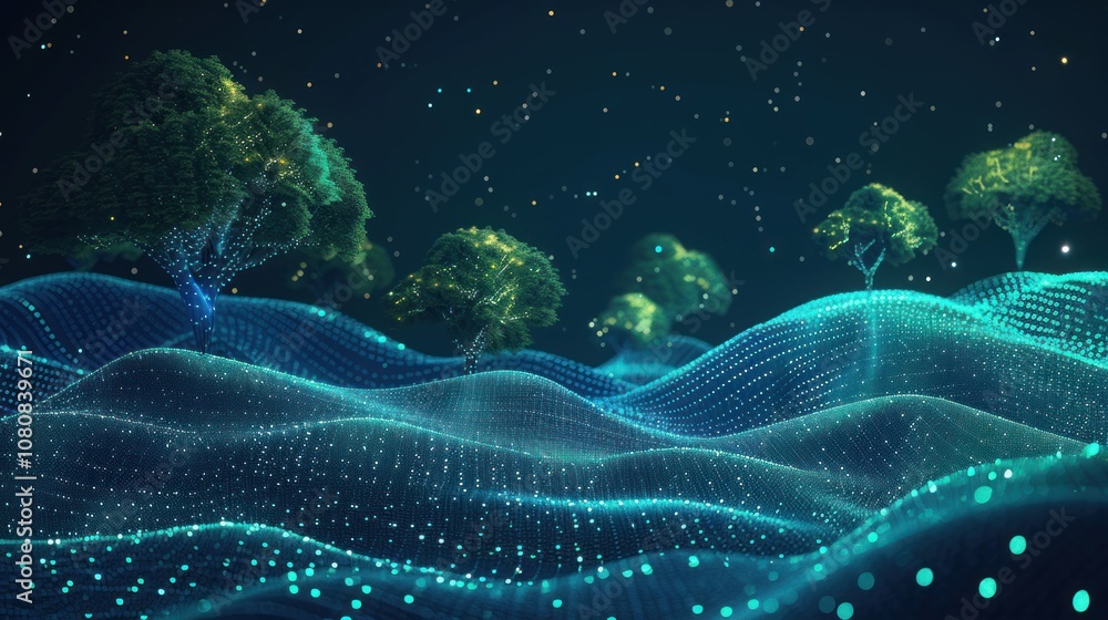 Poster abstract digital landscape with trees and glowing particles.