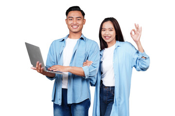 Asian man and woman with laptop isolated transparent