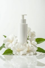 White bottle with pump surrounded by white flowers.