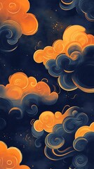 A digital illustration of blue and orange clouds on a dark blue background.