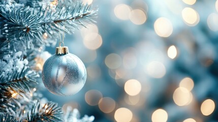 Obraz premium Christmas card. Frame borders made of gold balls, decorations, fir branches on dark blue background. Luxury style.